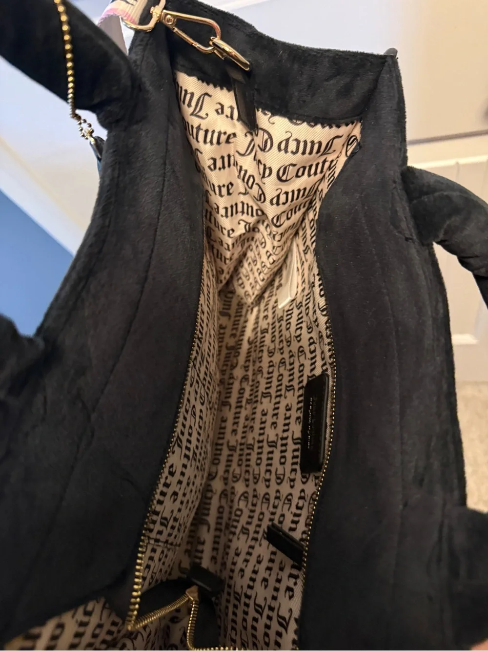 Juicy Couture Black Velvet Tote with Pink Accent Strap